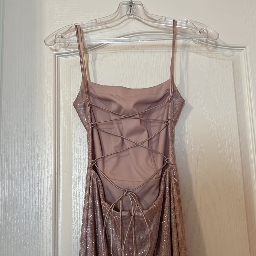 Prom dress. Glittery, blush maxi dress with slit and lace-up back.